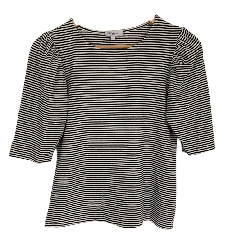 Polagram Womens Striped Black Cream Top Size L Poof Sleeve Classic Career